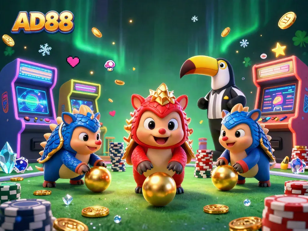 Engage in thrilling gameplay at AD88 with vibrant pangolins bowling through poker chips