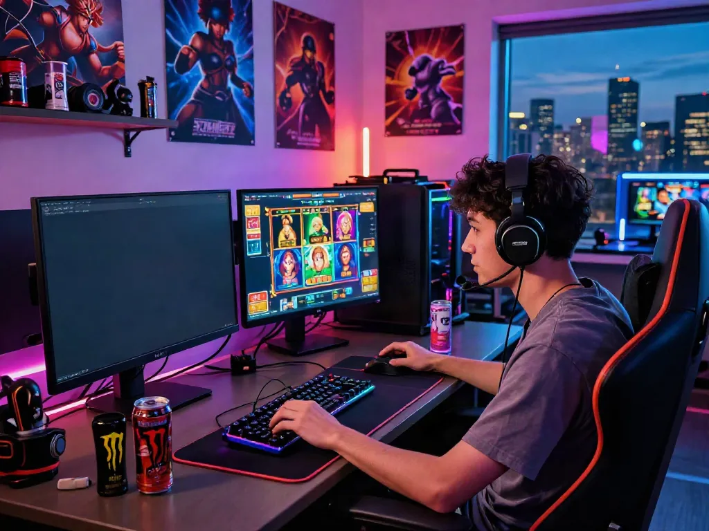 Engaged player testing ทดลองสล็อต on a vibrant gaming setup with colorful graphics and gaming accessories.