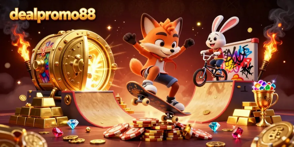 Experience the excitement of dealpromo88 in a vibrant casino scene filled with action and treasures.