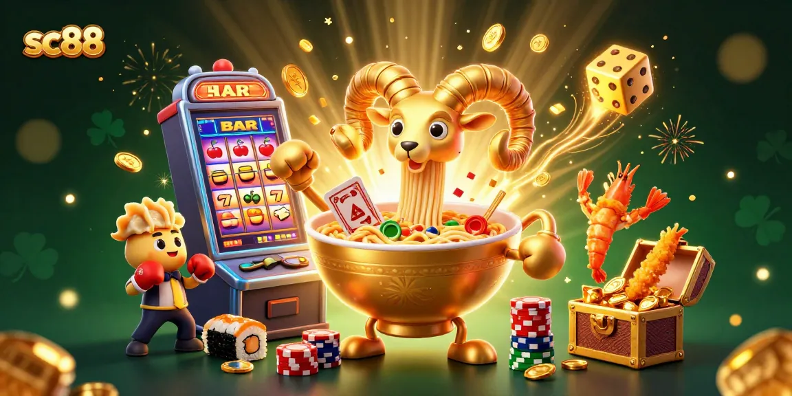 sc88 casino scene featuring a giant ramen bowl dealer, sushi dealer, and winning slot explosion.