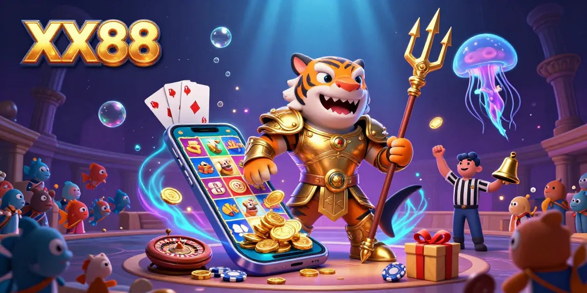 Engage with XX88 as the shark battles in an exciting underwater casino scene complete with slot games and vibrant characters.