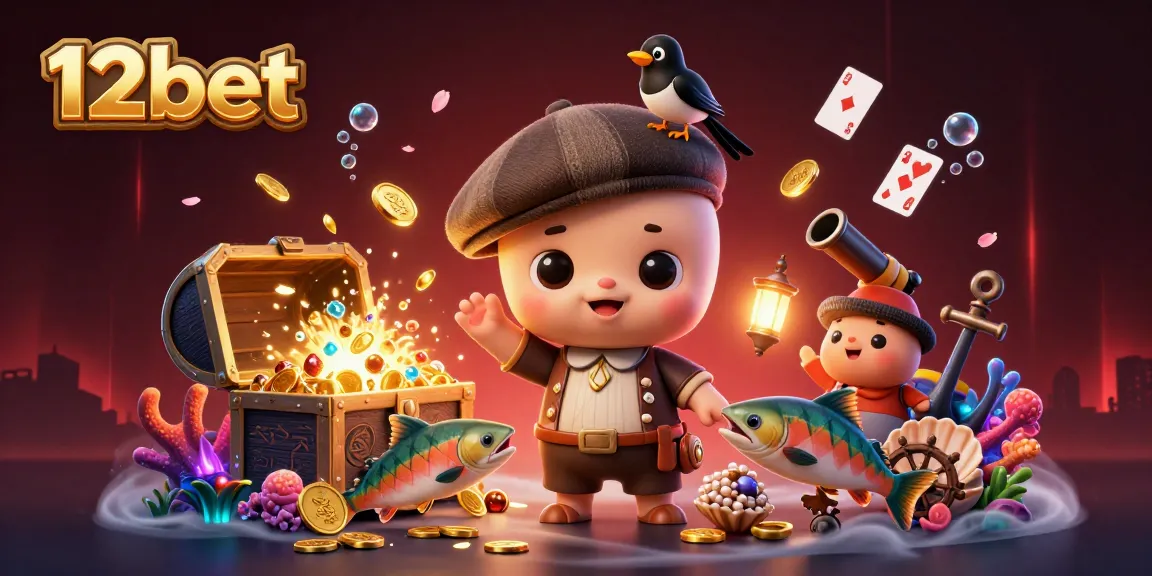 Khám phá 12bet với chiếc rương kho báu tràn ngập vàng giữa cảnh biển sống động