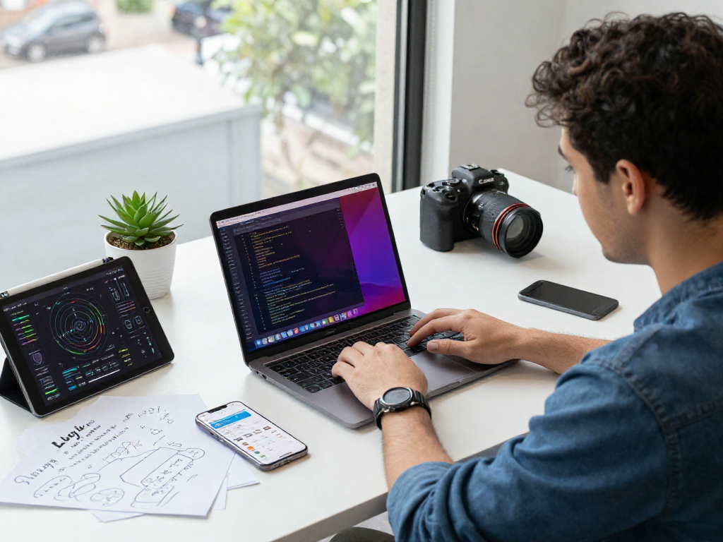 Seorang developer sedang bekerja dengan wifi4d di ruang kerja modern dengan laptop dan tablet analisis jaringan.