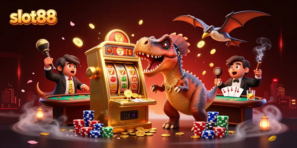 Slot88 menampilkan dinosaurus memukul mesin slot emas untuk jackpot, pengalaman kasino yang menarik.