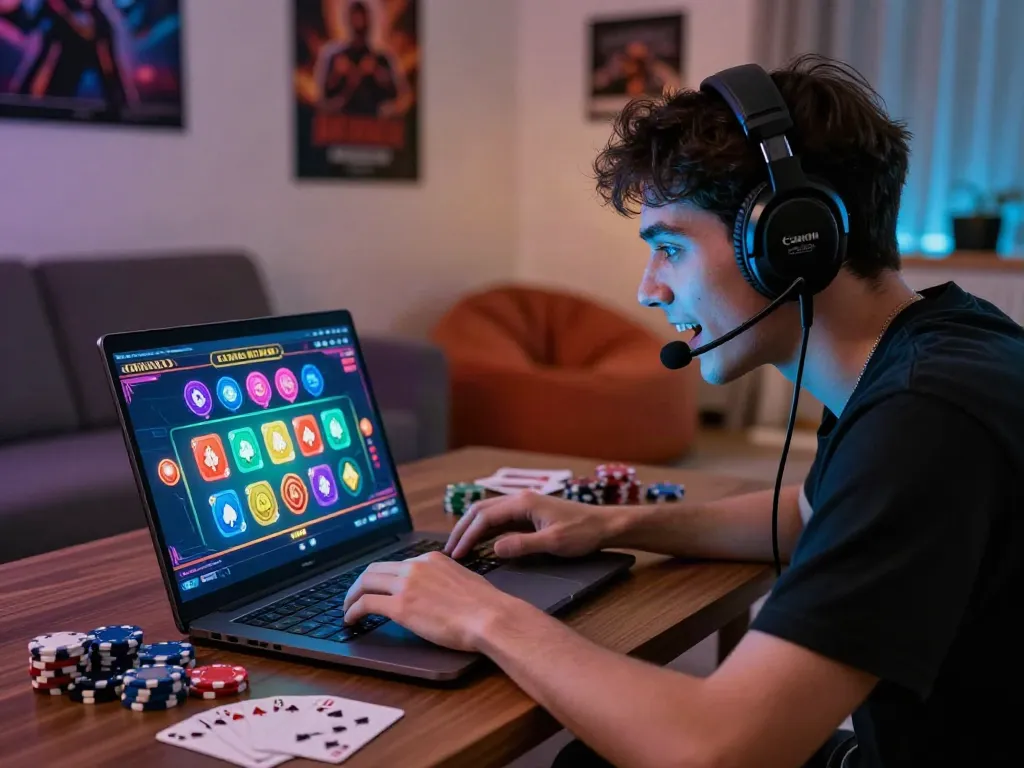 Excited player enjoying TRANG CHỦ ALO8 gambling experience on laptop with vibrant graphics.
