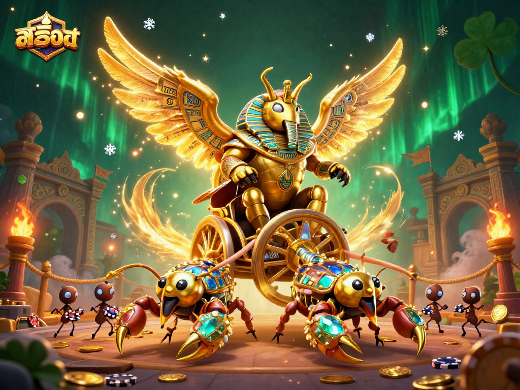 Experience dynamic สล็อต gameplay with a golden scarab beetle on chariot, surrounded by casino elements.
