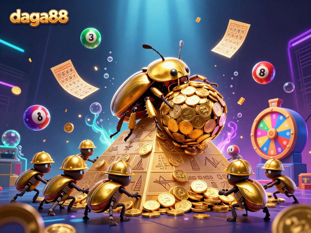 Experience the excitement of daga88 as golden beetles roll coins amidst vibrant casino elements.