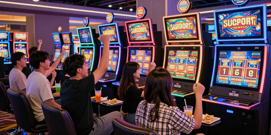 Permainan slot gacor yang mengasyikkan di kasino modern dengan teman-teman merayakan kemenangan.