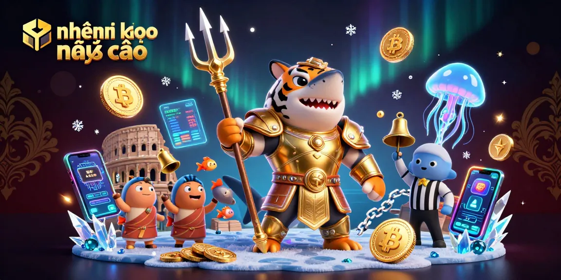 Engage in nhận định kèo nhà cái with a dynamic underwater scene featuring a tiger shark in armor, coins, and action.