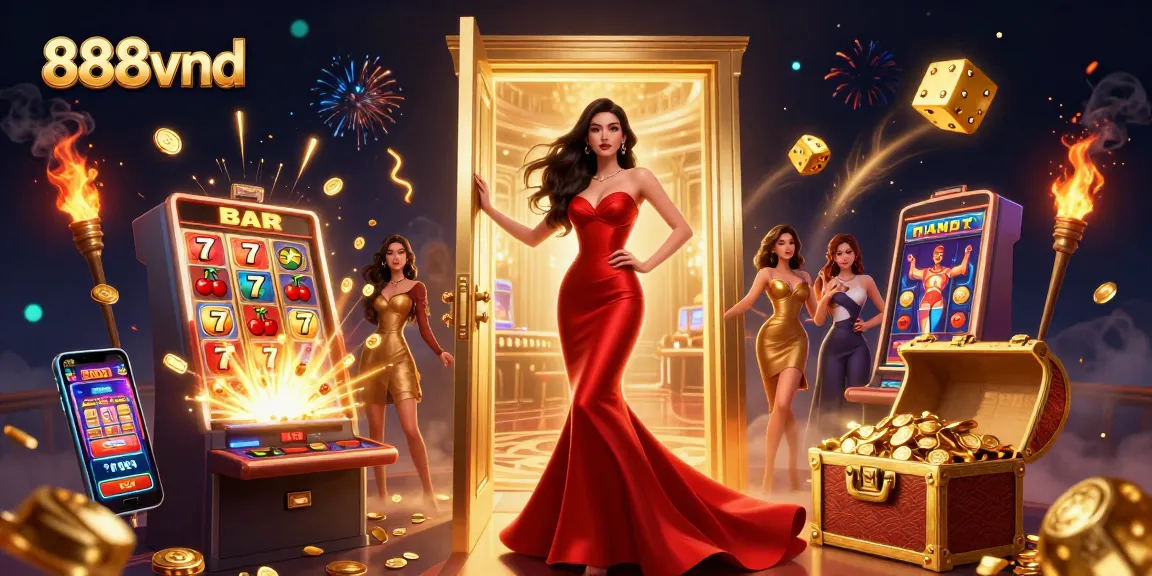 Experience excitement at 888vnd with vibrant slot machines and golden elements in a lavish casino scene.