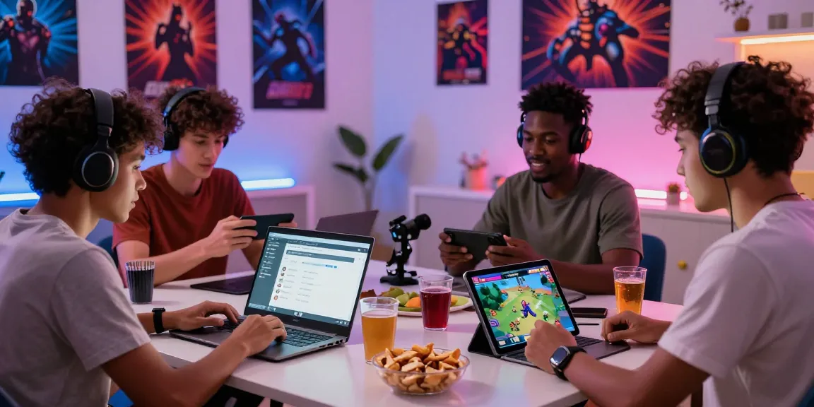 Players engaging online with ngamenjitu on laptops and smartphones, surrounded by a vibrant gaming atmosphere.