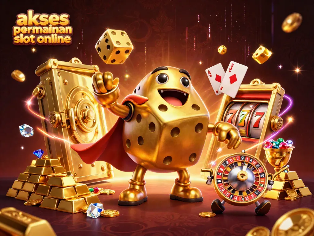 Akses permainan slot online dengan desain karakter dadu emas berputar dalam latar belakang mewah.