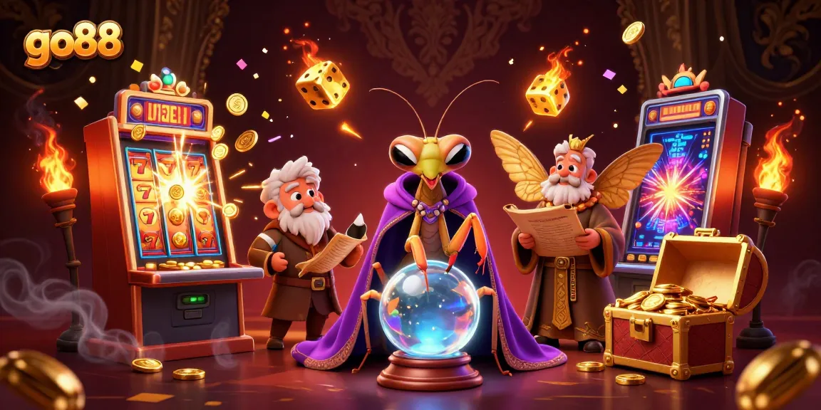 Play exciting games at go88, featuring vibrant slot machines and a whimsical fortune teller scene.