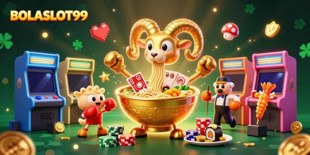 BOLASLOT99 brings fun casino energy with a golden ramen bowl character in an exciting gaming scene.