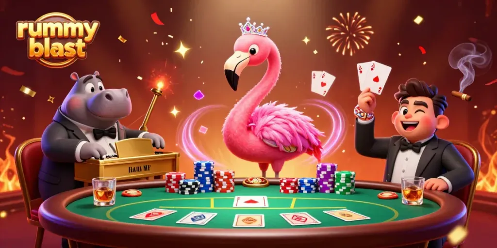 Engage with the vibrant rummy blast experience featuring dynamic characters and casino elements.