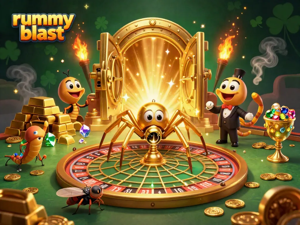 Experience thrilling gameplay in rummy blast with a vibrant scene featuring characters and golden elements.