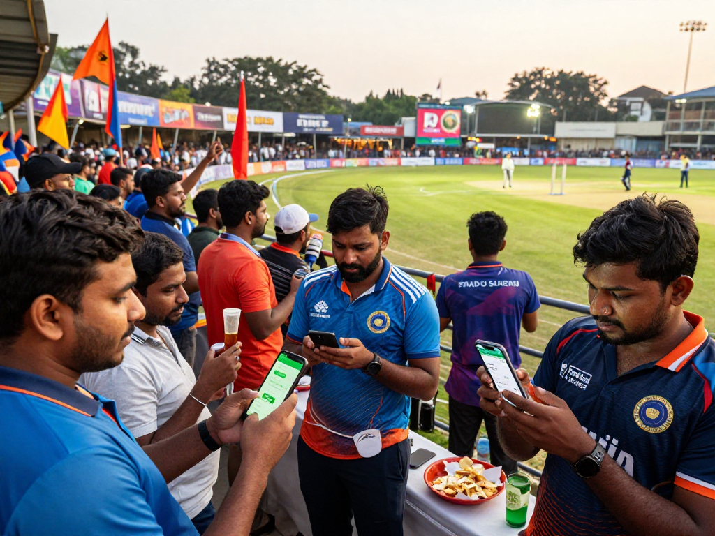 Excited fans using the FairPlay app for live betting during a cricket match in India.