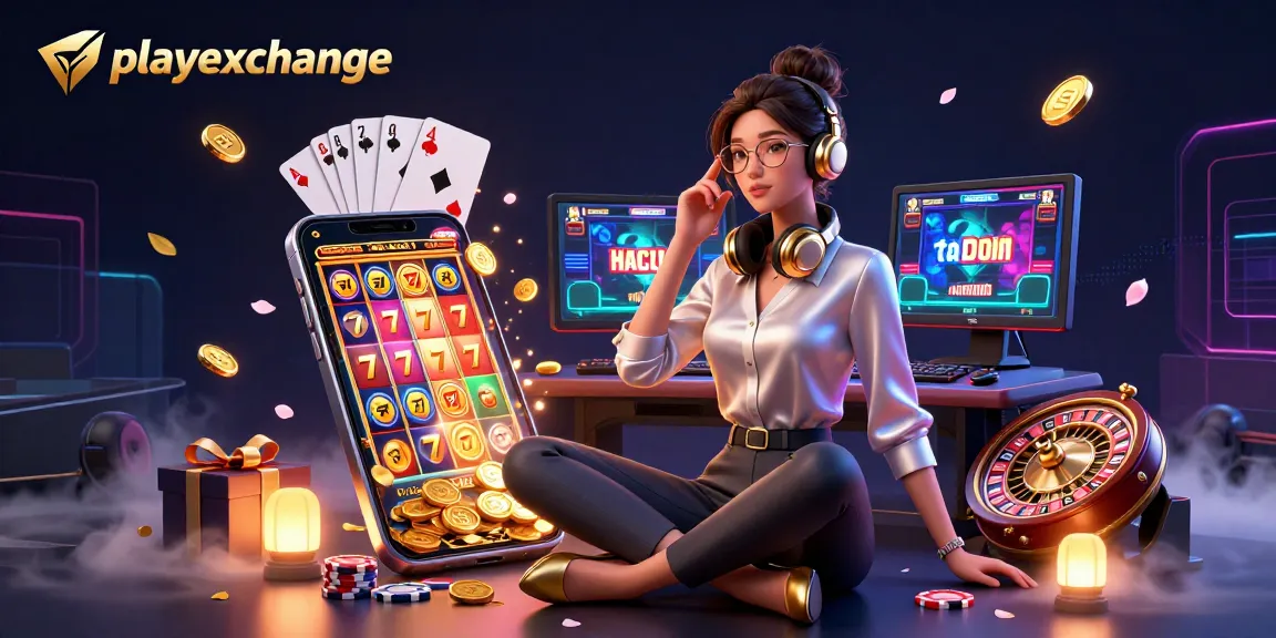 Engage with playexchange in a vibrant scene depicting a woman at a gaming setup with slot games, poker, and roulette.