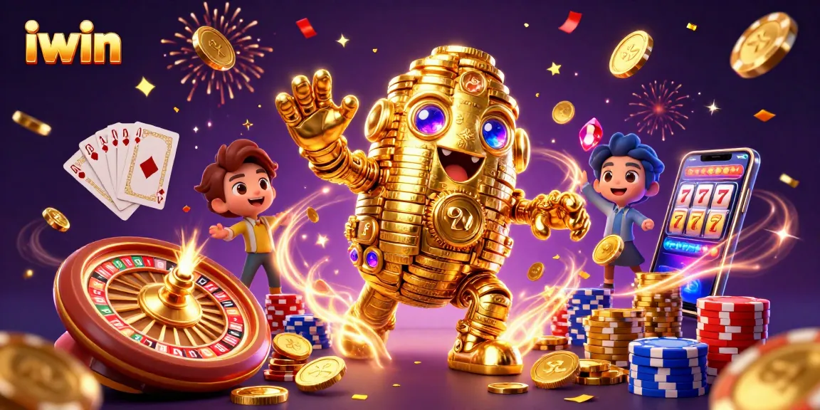 Experience thrilling iwin gaming with cascading coins, colorful chips, and vibrant slot symbols!