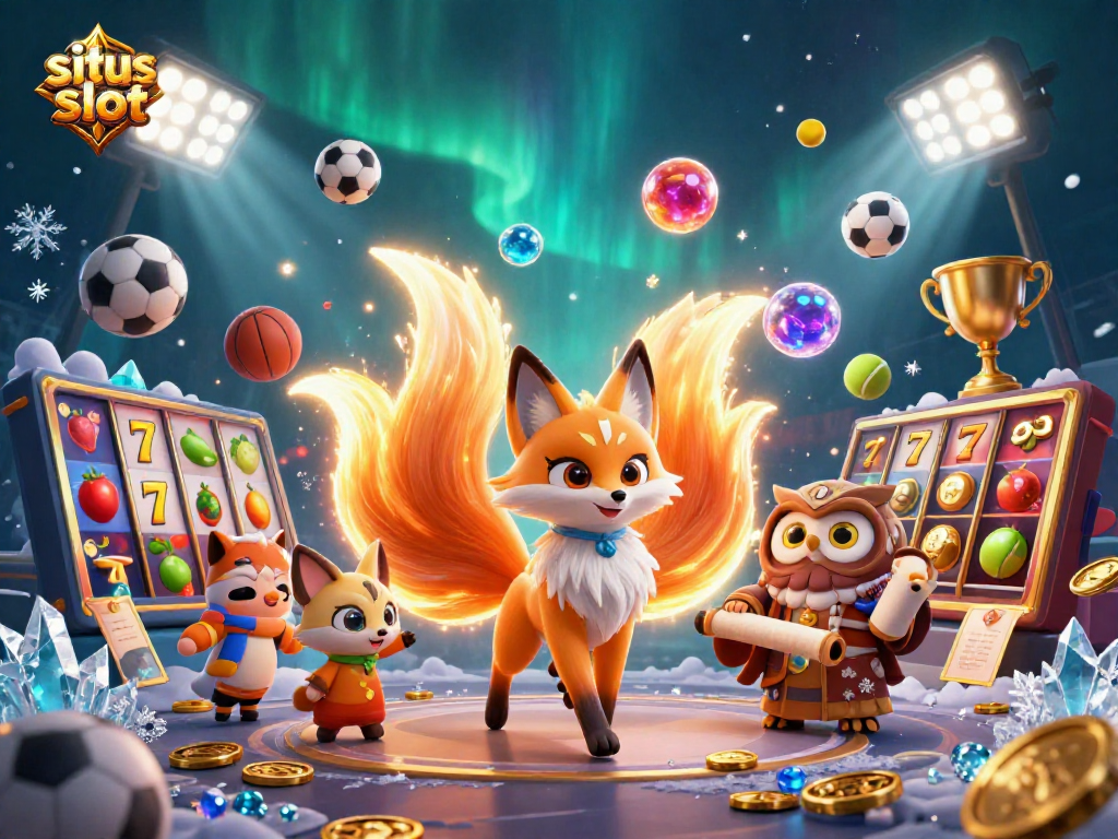 Engage with situs slot through an electrifying scene featuring a nine-tailed fox, wise owl, and vibrant slot game elements.