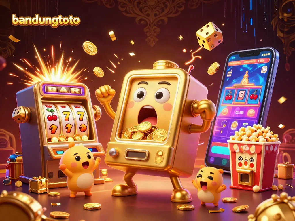 Experience excitement with bandungtoto as a golden slot machine hits a jackpot, cascading coins everywhere.