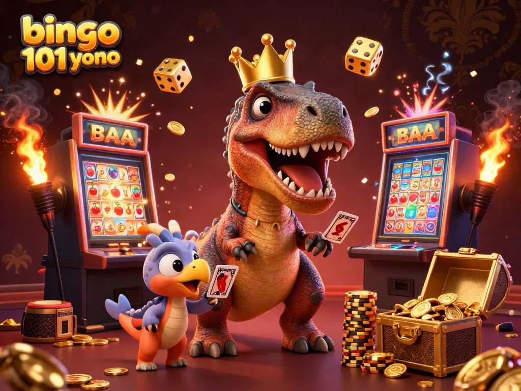 Experience Bingo 101 Yono in an exciting scene with a T-Rex and friends amid vibrant casino elements.