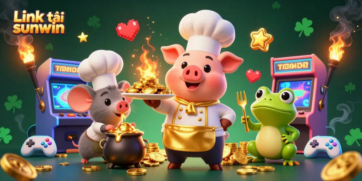 Engage in thrilling gameplay with Link tải sunwin in a vibrant, cartoon casino scene featuring a chef pig, mouse, and frog.