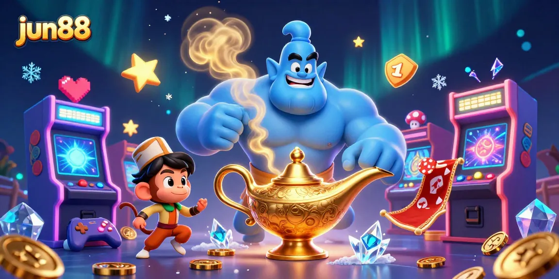 Experience thrilling casino gaming with jun88's dynamic 3D illustration featuring a genie, monkey, and poker chips.