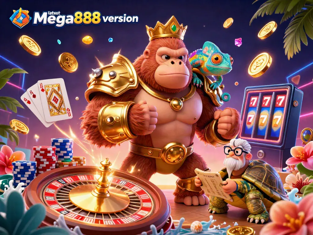 The latest Mega888 version showcases a powerful gorilla king with a chameleon on his shoulder, surrounded by colorful casino elements.