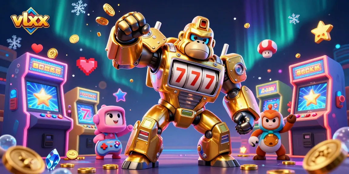 Win big with vlxx: A spectacular golden gorilla mech in a vibrant casino world!