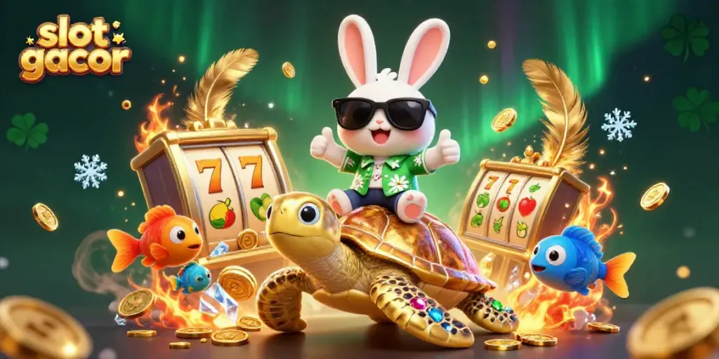 Permainan slot gacor dengan kelinci keberuntungan di punggung kura-kura emas, simbol slot terkenal di depan