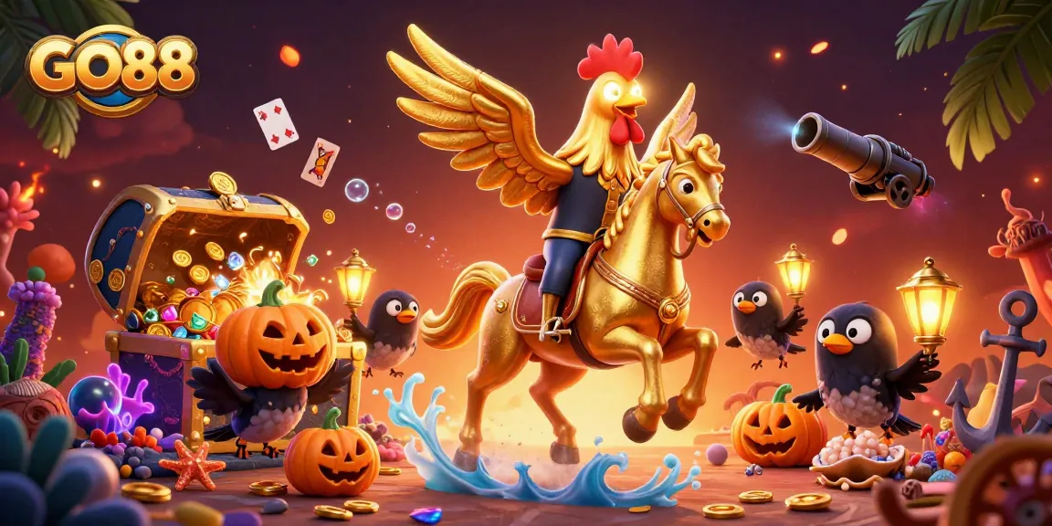 GO88 transforms gaming with a magical golden rooster and treasure, creating an enchanting casino atmosphere.