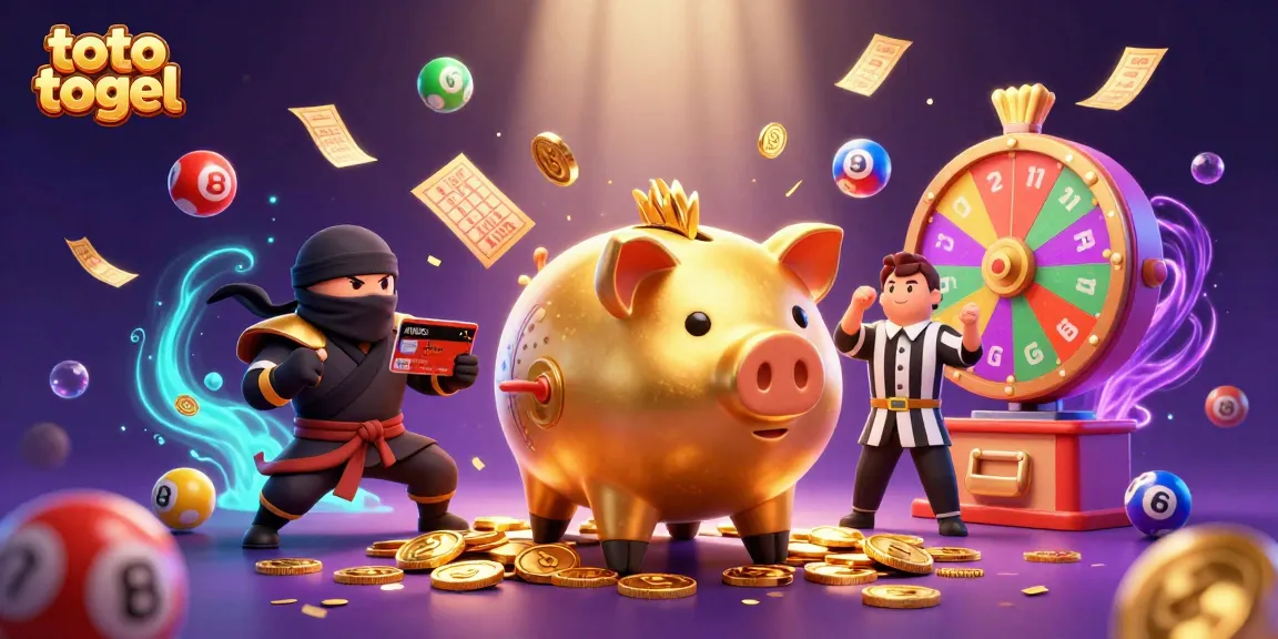 Experience the thrill of toto togel with a dynamic scene of cartoon gambling characters amidst colorful lottery elements.
