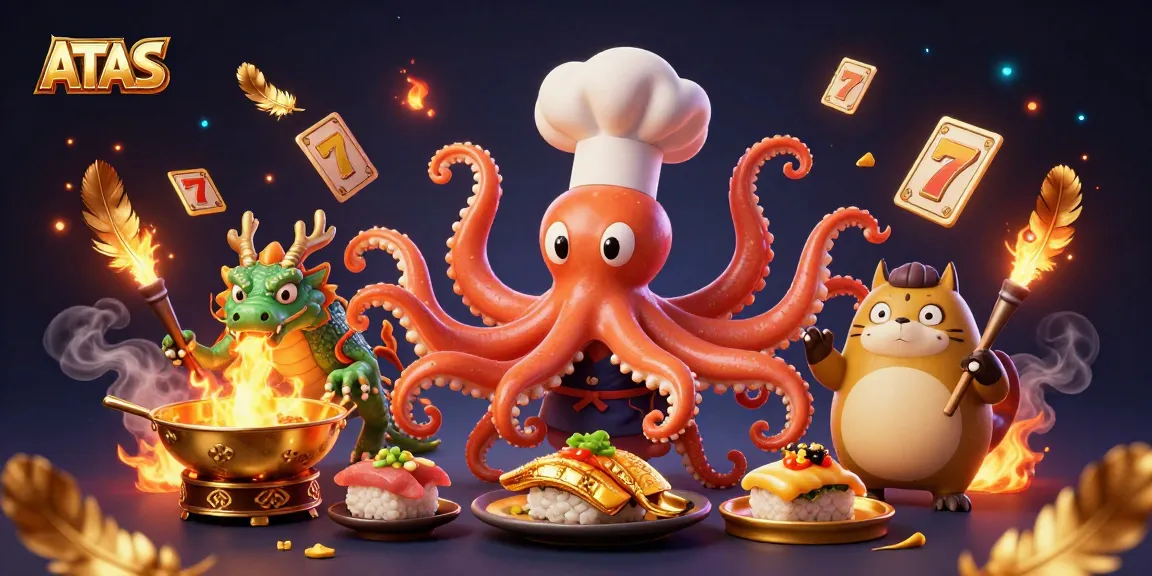 Experience the thrills at ATAS, where cartoon characters enjoy golden dishes amidst swirling slot elements and vibrant casino energy.