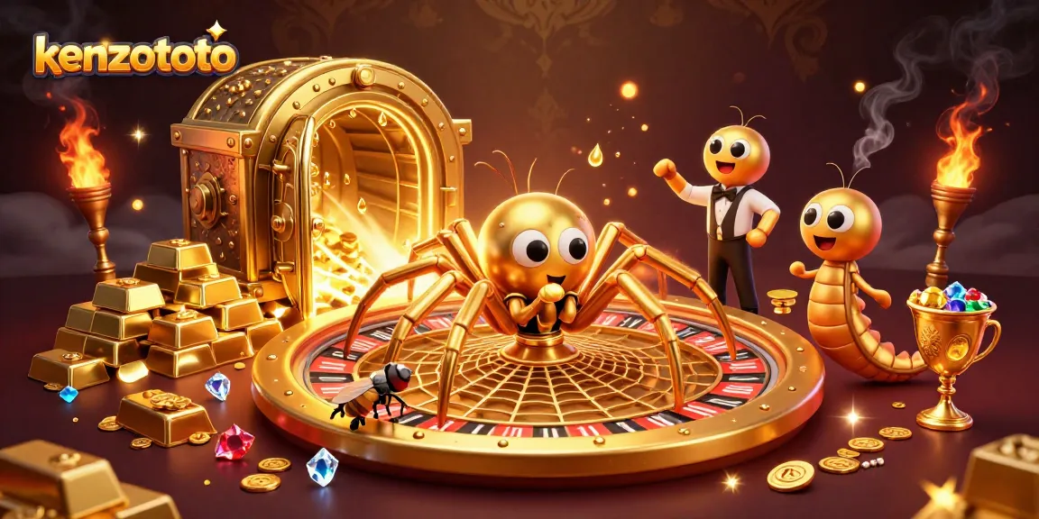Kenzototo's immersive gaming world features a golden spider and centipede croupier surrounded by treasures.