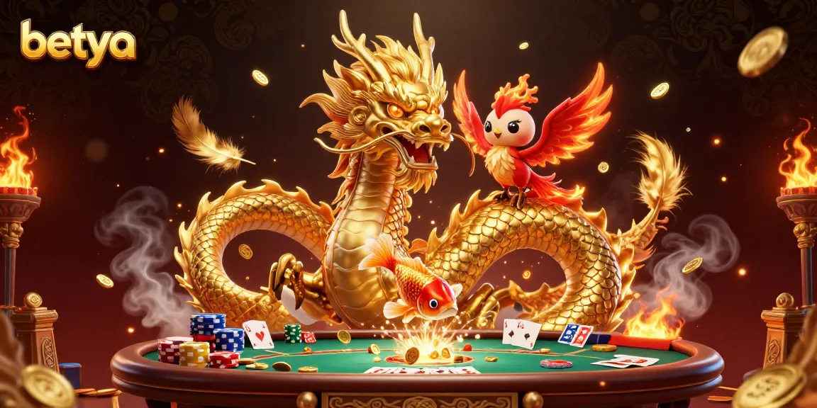 Betya showcases intense poker action with a golden dragon, phoenix, and koi fish amidst dazzling casino elements.