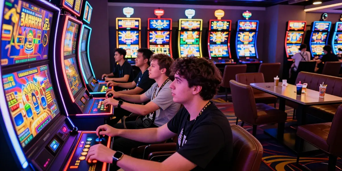 Exciting slot online gaming scene with colorful machines and passionate players.