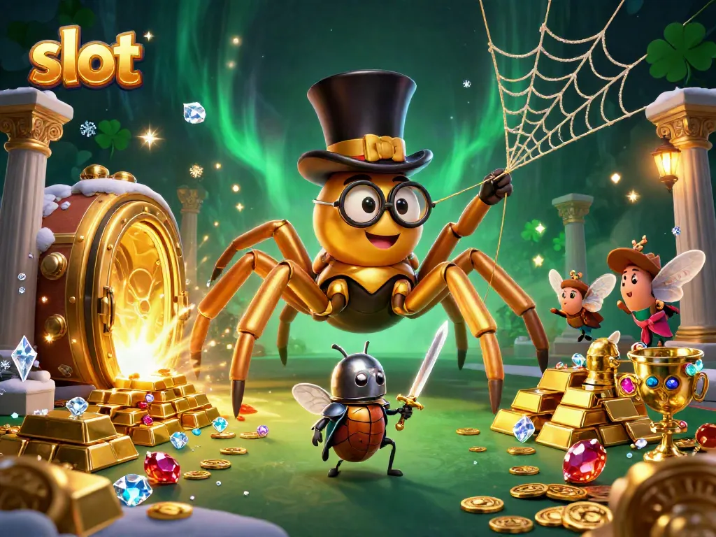 Engage with slot games as a golden tarantula spins its web amidst treasure.
