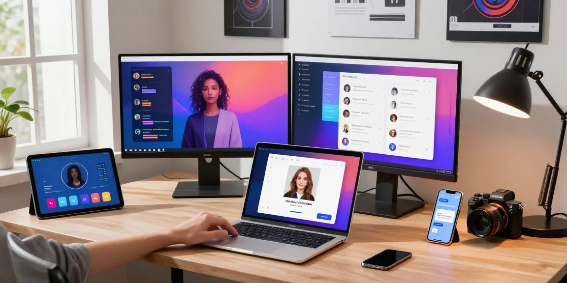 Engaging scene of a user customizing their ai gf on a sleek workspace; vibrant technology integration enhances emotional connection.