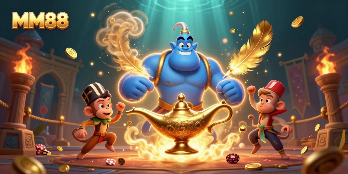 Bet big with MM88 as the genie brings fortune and excitement in this vibrant casino scene.