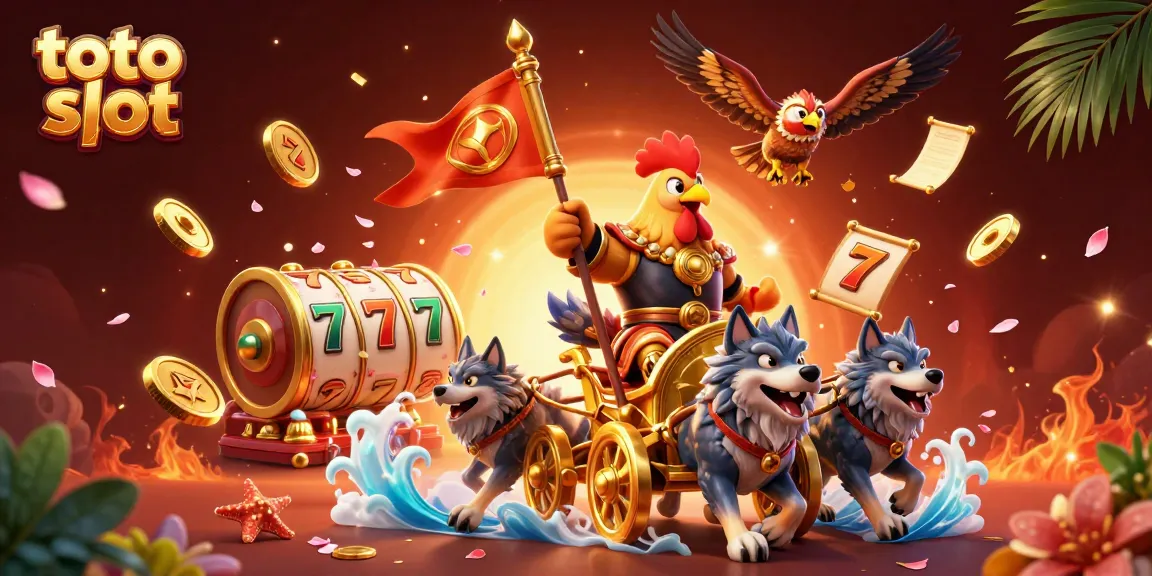 Experience thrilling toto slot adventures with a 3D rooster warlord riding in a golden chariot.