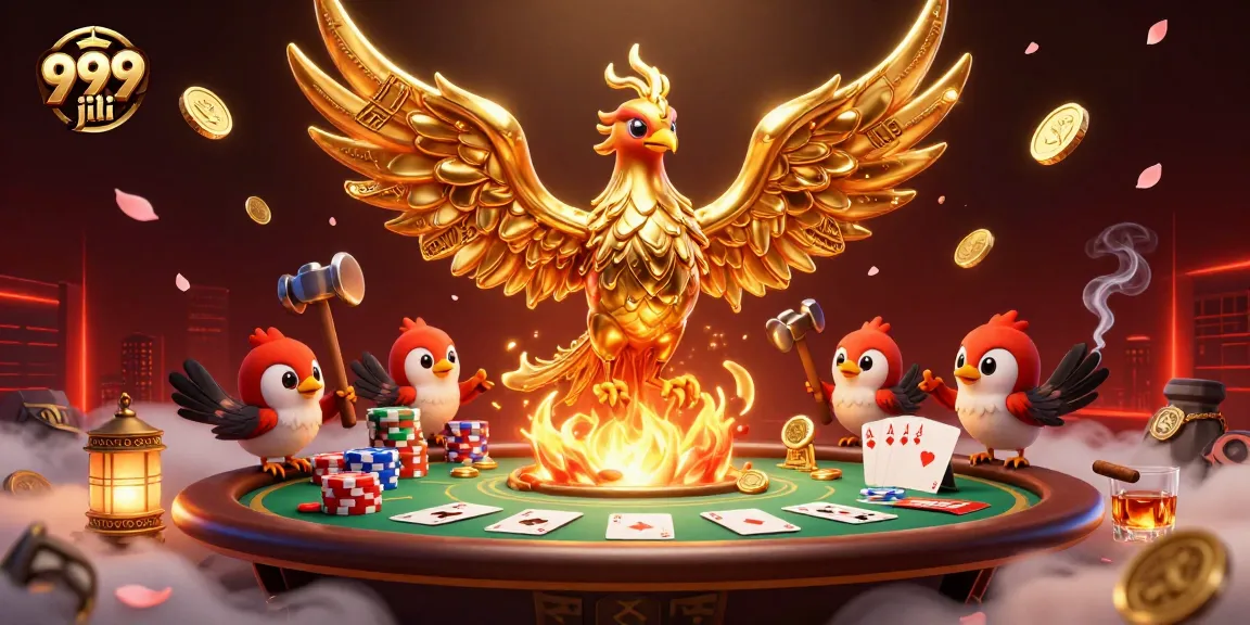 Experience the thrill of 999 jili with a lively poker scene featuring a golden phoenix and casino elements.