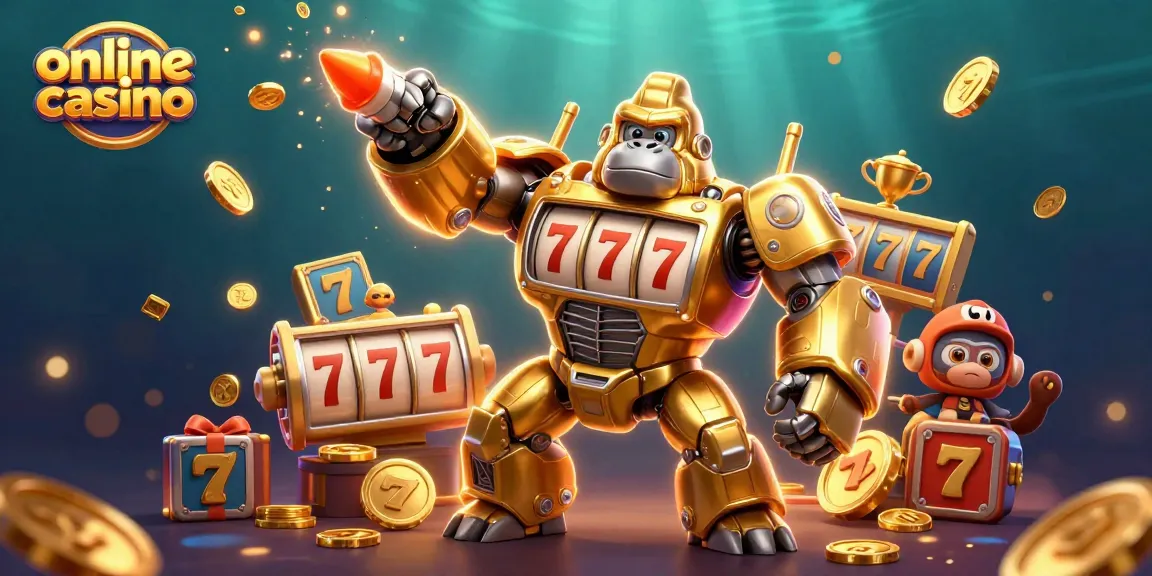 Online casino transformation in an exciting scene with a golden gorilla mech and slot machine elements.