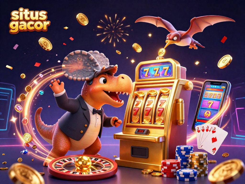Mengguncang jackpot di situs gacor dengan dinosaur 3D dan mesin slot berkilau, menjatuhkan koin emas.