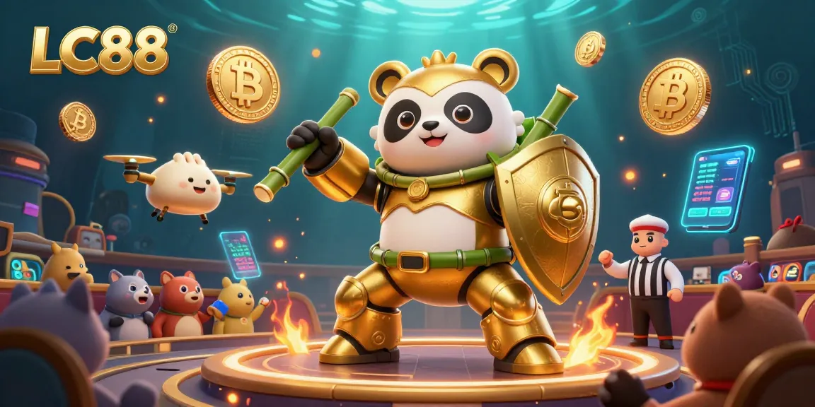 Experience the thrill of gambling with LC88 in a vibrant casino scene packed with 3D animated characters.