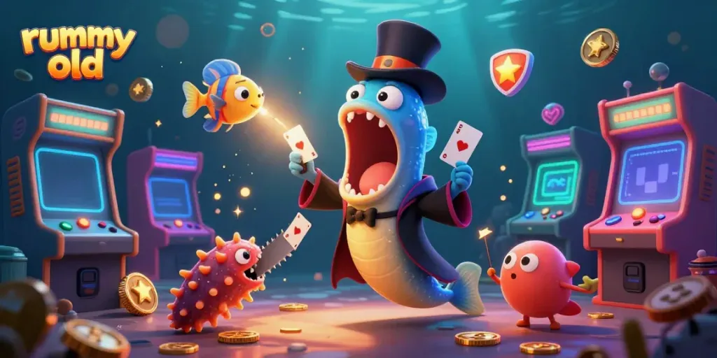 Engage with the immersive scene of Rummy Old featuring vibrant characters performing card tricks in a magical underwater setting.