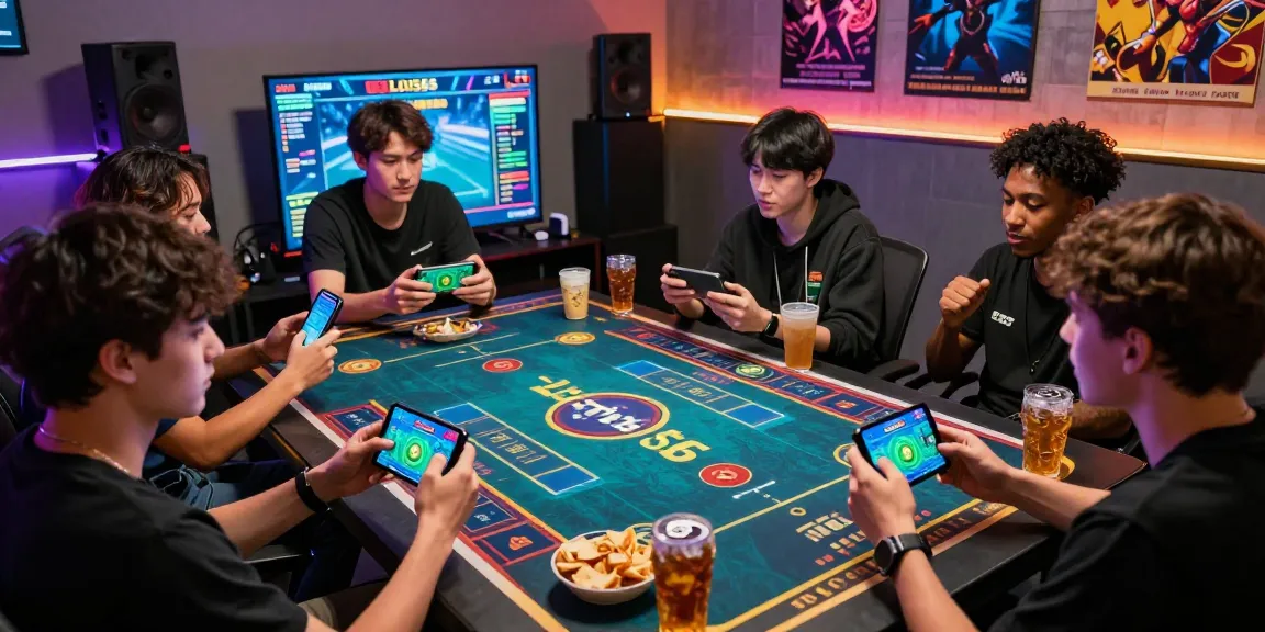Friends excitedly playing on lotus365 platform during a gaming night with snacks and drinks.
