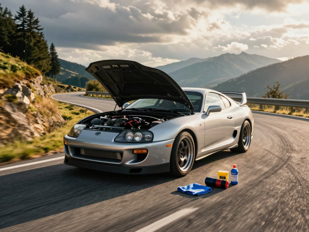 The A80 platform Toyota Supra racing on a mountain road under bright sunlight, showcasing its performance and adventure spirit.
