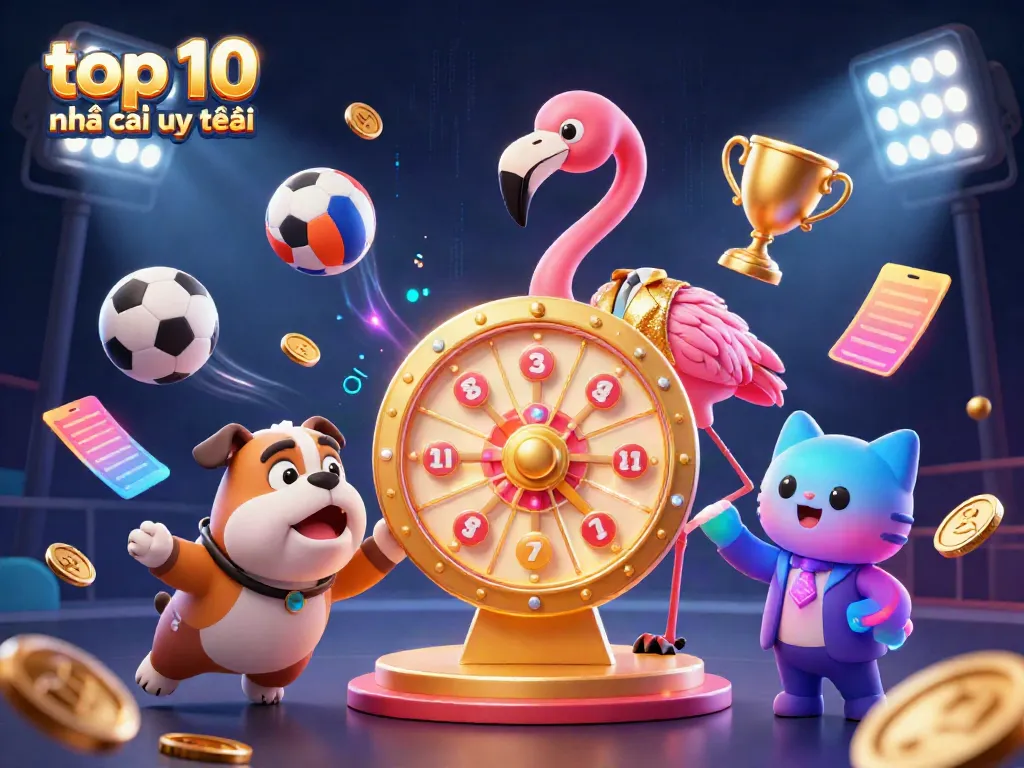 Experience the excitement of top 10 nhà cái uy tín with a cartoon game show scene featuring vibrant prizes and dynamic sports elements.