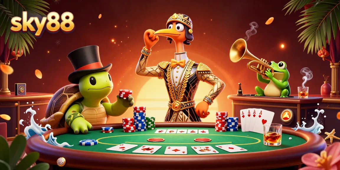 Experience excitement at sky88 with vibrant casino characters at a lively gaming scene.